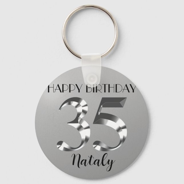 Metallic silver 35th birthday keychain (Front)