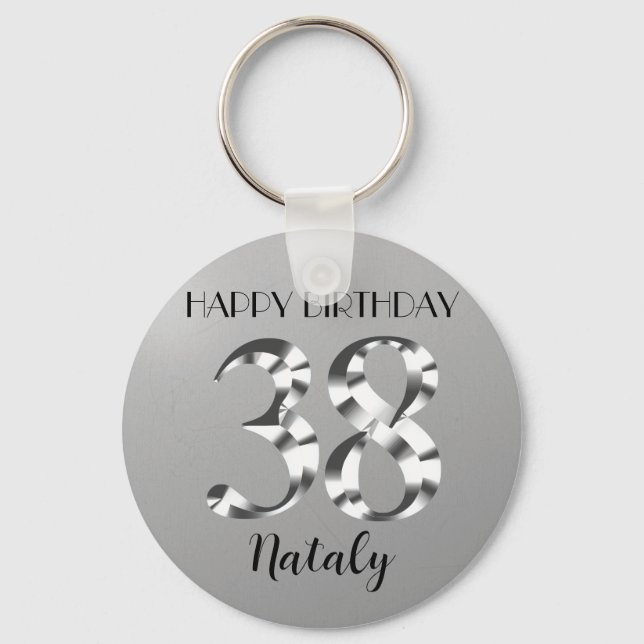 Metallic silver 38th birthday keychain (Front)