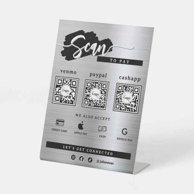 Metallic Silver 3 Qr Code Scan To Pay Frosted Pedestal Sign (Front)