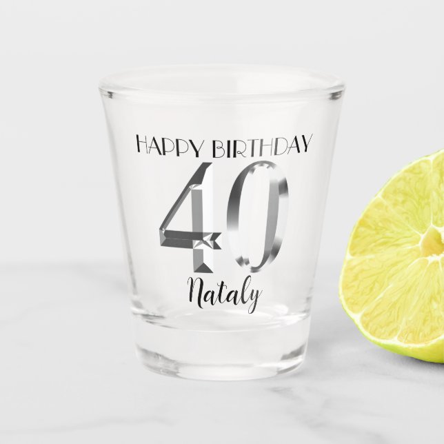 Metallic silver 40th birthday shot glass (Front)