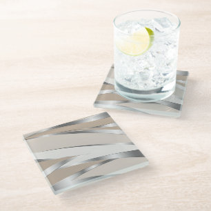 Metallic Silver and Beige Abstract Glass Coaster