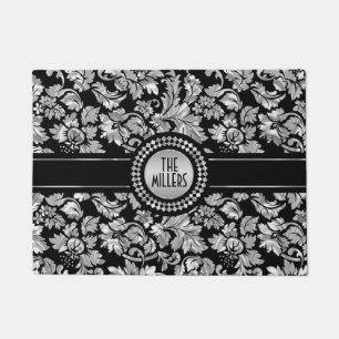 Metallic Silver And Black Damasks Doormat