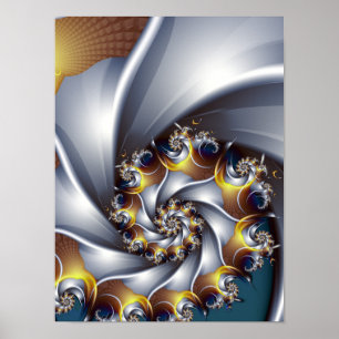 Metallic Silver and Gold Fractal Nautilus Poster