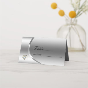 Metallic Silver Background With Diamonds Heart Place Card