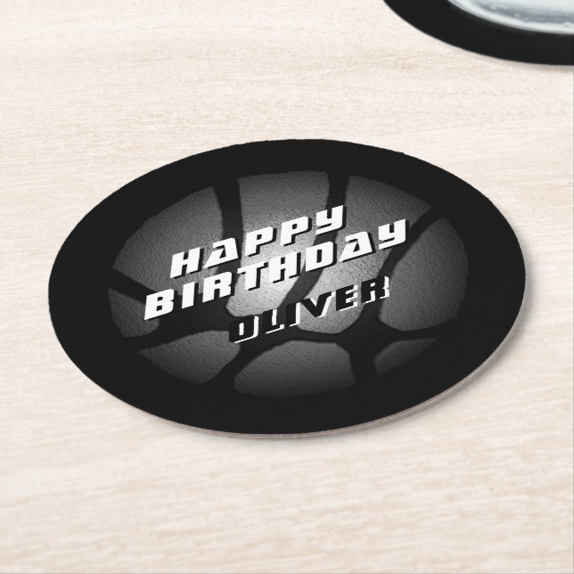 Metallic Silver Black Basketball Ball Birthday  Round Paper Coaster (Angled)