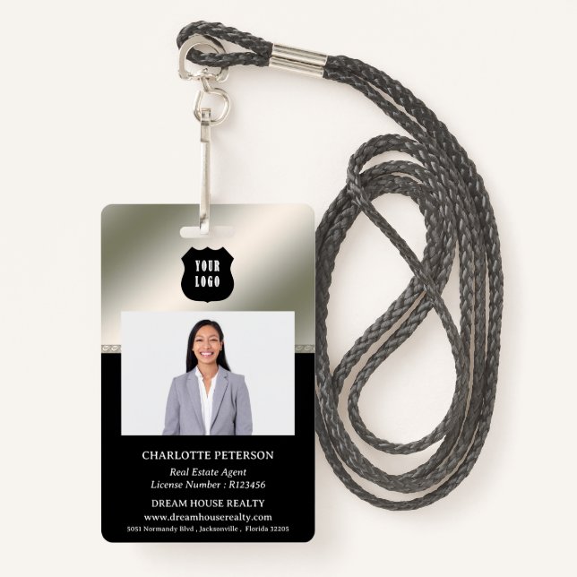 Metallic Silver & Black Real Estate Realtor Name Badge (Front with Lanyard)