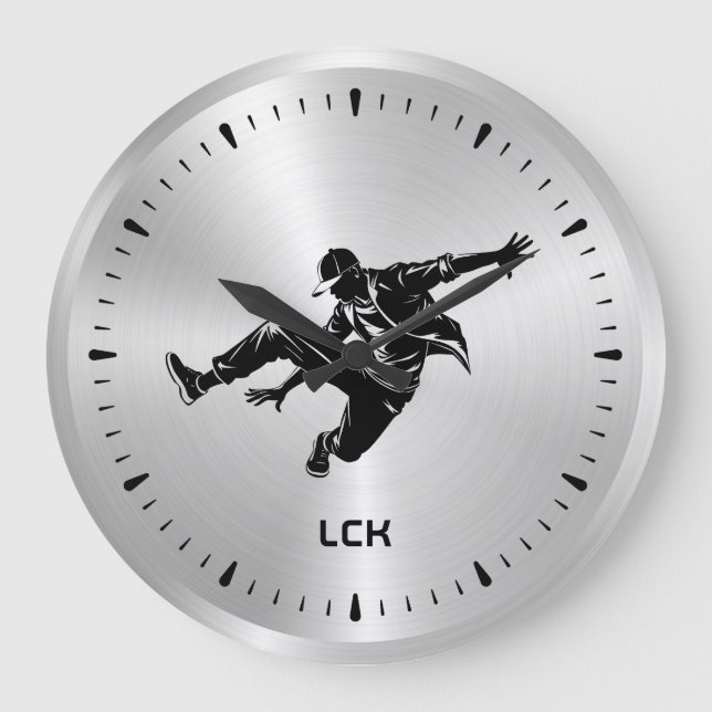 Metallic Silver Black Silhouette Hip Hop Dancer Large Clock (Front)