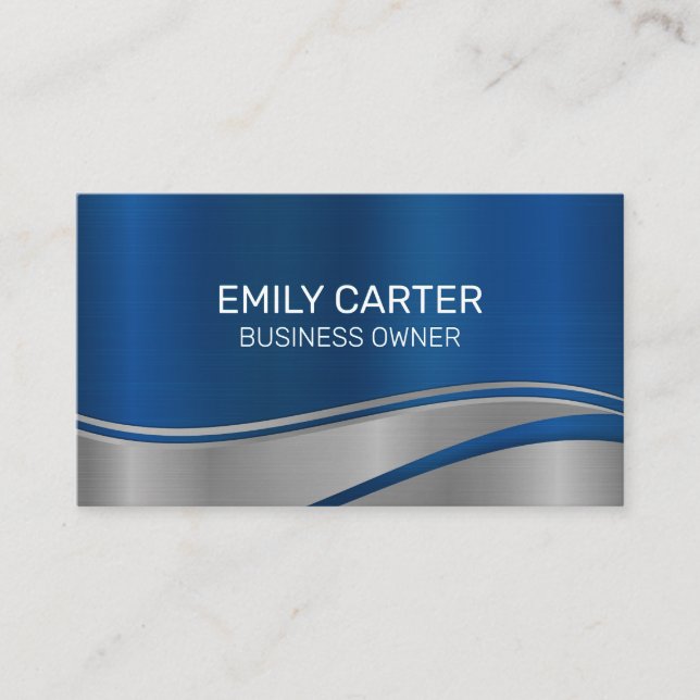 Metallic Silver Blue Background Business Card (Front)