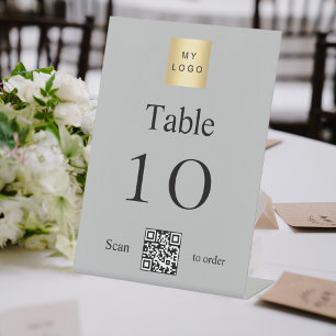 Metallic silver business logo QR code table number Pedestal Sign