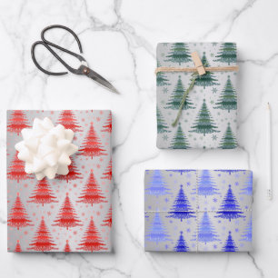 Metallic Silver Christmas Trees Pattern Glitter Wrapping Paper Sheet
