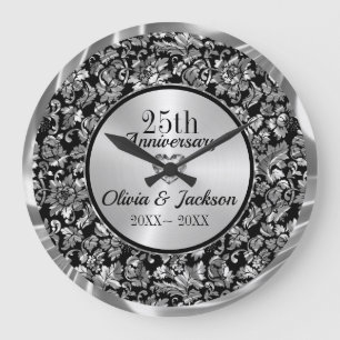 Metallic Silver Damask Large Clock