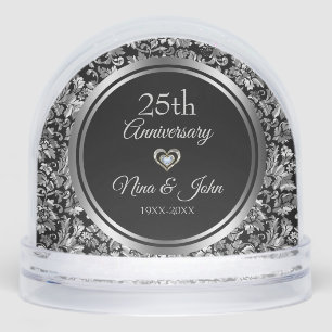 Metallic Silver Damask Wedding Anniversary Snowglobe