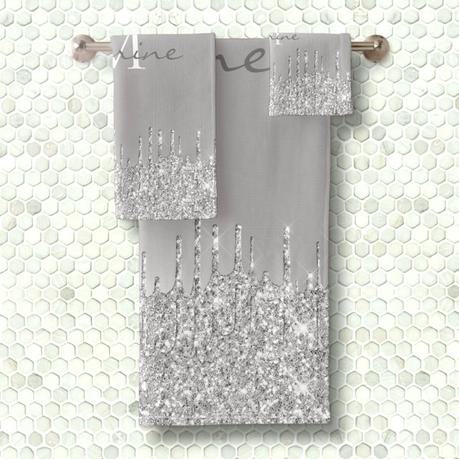 Metallic Silver Dripping Glitter Monogrammed Bath Towel Set (Creator Uploaded)