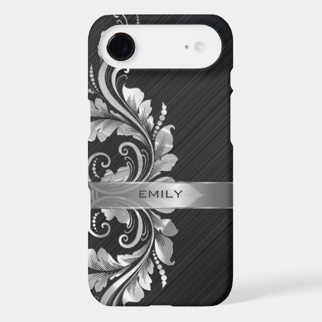 Metallic Silver Floral Swirl Black Background Case-Mate iPhone Case (Back)