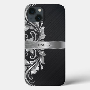 Metallic Silver Floral Swirl Black Background iPhone 13 Case