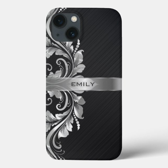 Metallic Silver Floral Swirl Black Background Case-Mate iPhone Case (Back)