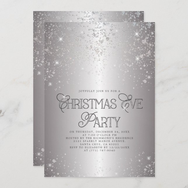 Metallic Silver Glitter Christmas Eve Party Invitation (Front/Back)