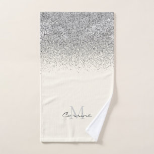 Metallic Silver Glitter Ombre on Cream Monogrammed Bath Towel Set