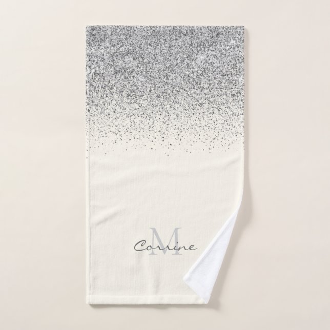 Metallic Silver Glitter Ombre on Cream Monogrammed Bath Towel Set (Hand Towel)