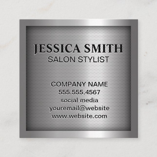 Metallic Silver Glossy Grill Pattern Square Business Card (Front)