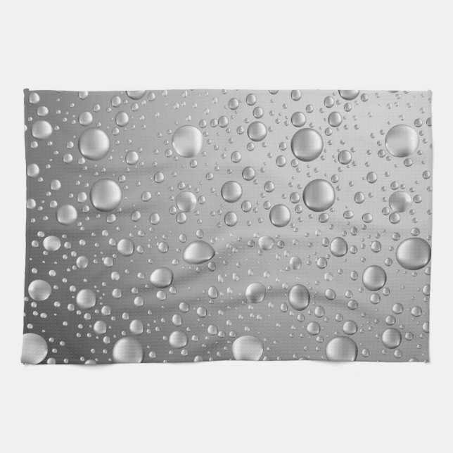 Metallic Silver Grey Abstract Rain Drops Kitchen Towel (Horizontal)