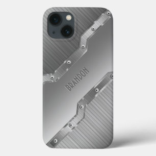 Metallic Silver Grey Brushed Metal Look 2 Monogram iPhone 13 Case