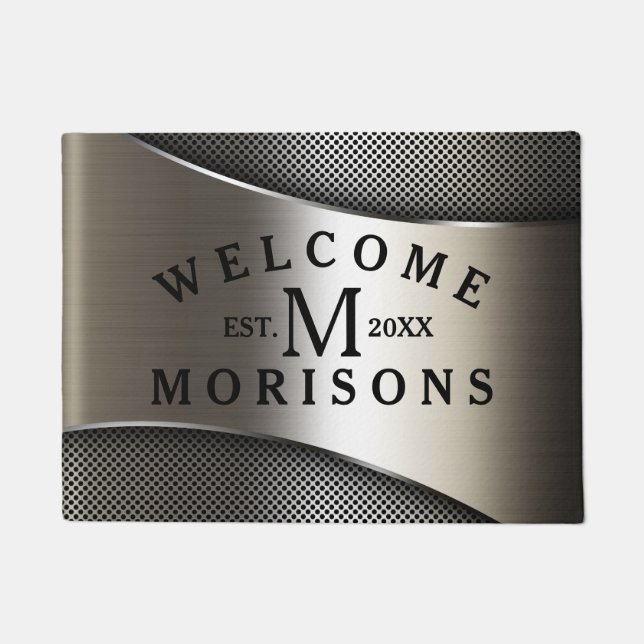 Metallic Silver Grey Geometric Modern Design Doormat (Front)