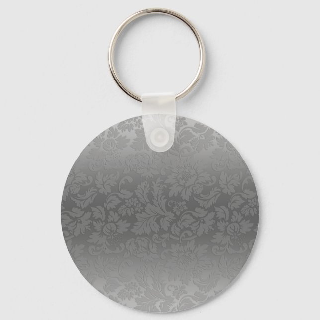 Metallic Silver Grey Monochromatic Floral Damasks Keychain (Front)