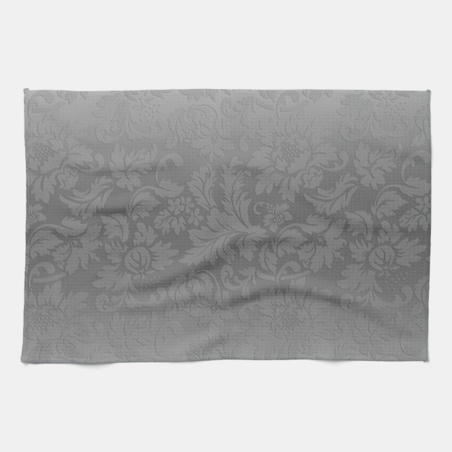Metallic Silver Grey Monochromatic Floral Damasks Kitchen Towel (Horizontal)