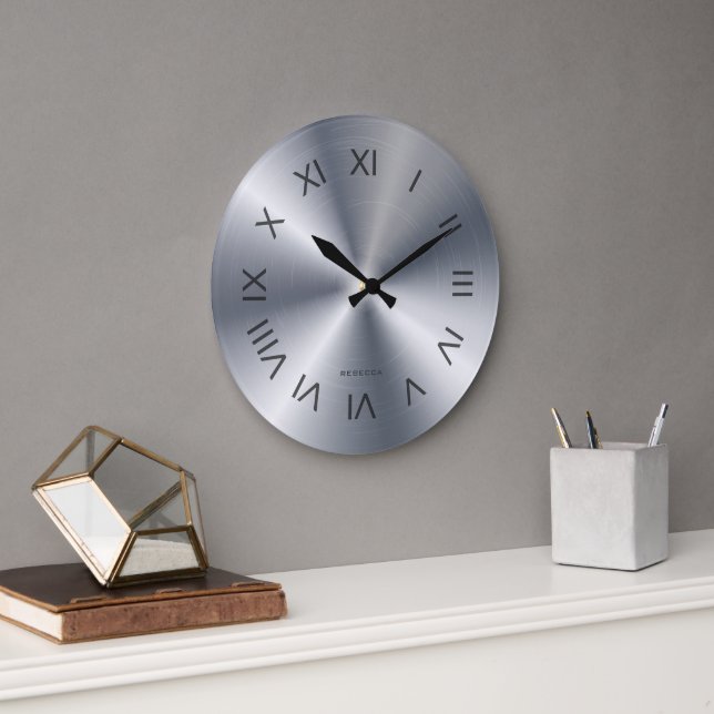 Metallic Silver Grey Texture Custom Monogram Large Clock (Office)