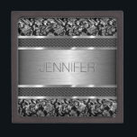Metallic Silver Grey Vintage Floral Damasks 2 Keepsake Box<br><div class="desc">Black and silver grey metallic design brushed aluminum look and metallic vintage floral damasks. Custom and optional monogram. Design is available on other products and can be requested on any product we offer at Zazzle. This is not a metal but image that looks metallic.</div>