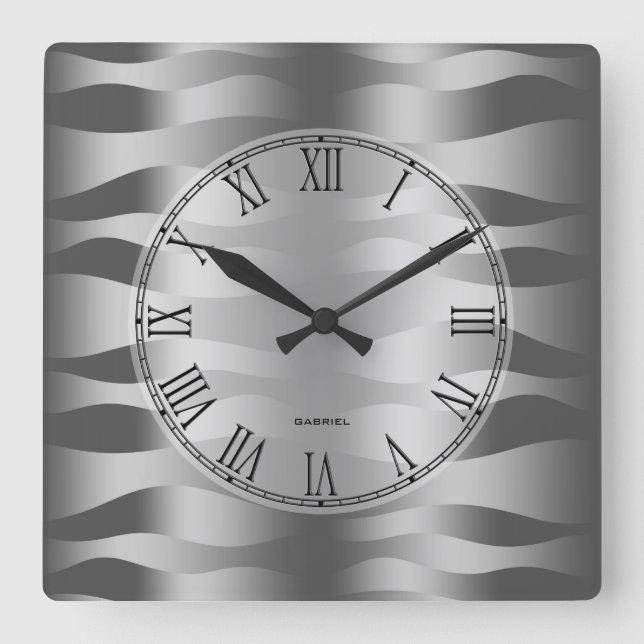 Metallic Silver Grey Wavy Zebra Stripes Pattern Square Wall Clock (Front)