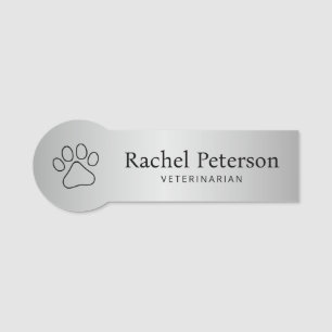 Metallic Silver Modern Paw Print Veterinary Name Tag