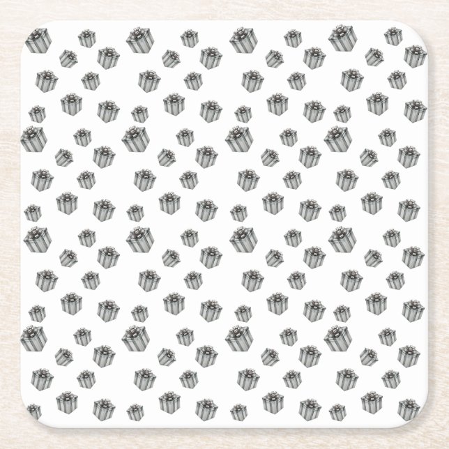 Metallic Silver Presents Premium Party Celebration Square Paper Coaster (Front)