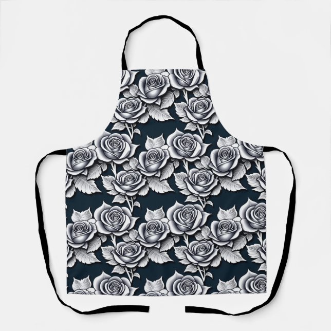 Metallic Silver Roses With Teal Leaves  Apron (Front)