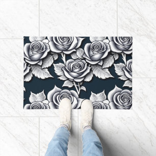 Metallic Silver Roses With Teal Leaves Doormat