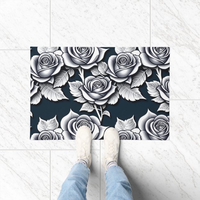Metallic Silver Roses With Teal Leaves  Doormat (Indoor)