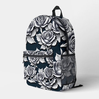 Metallic Silver Roses With Teal Leaves Printed Backpack