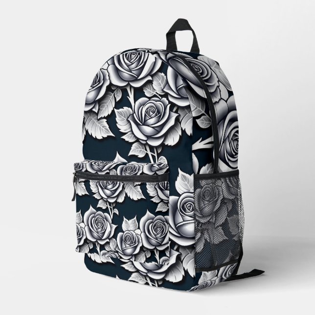 Metallic Silver Roses With Teal Leaves  Printed Backpack (Back Corner Right)