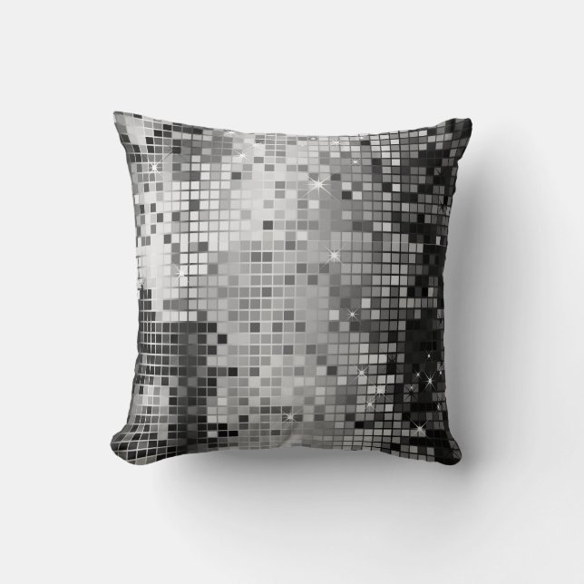 Metallic Silver Sequins Glitter Abstract Pixel Art Throw Pillow (Front)