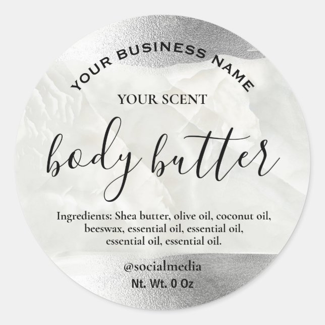 Metallic Silver Shimmer Marble Body Butter Labels (Front)