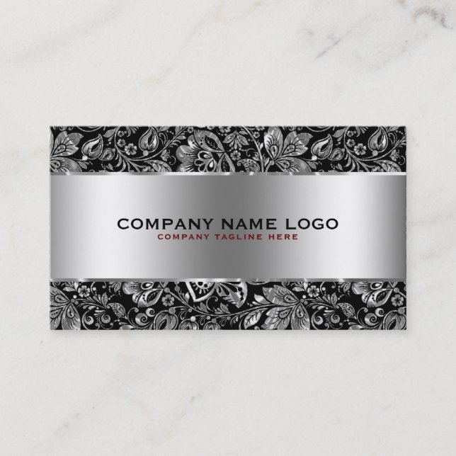 Metallic Silver Stainless Steel & Floral Damasks Business Card (Front)