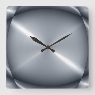 Metallic Silver Stainless Steel Metal Look Square Wall Clock