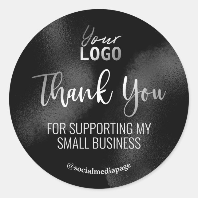 Metallic Silver Text Black Ink Thank You Logo Classic Round Sticker (Front)