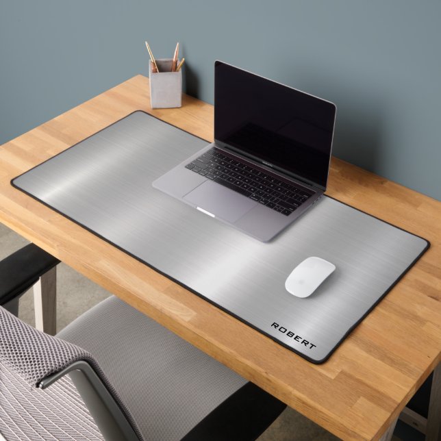 Metallic silver texture minimalistic, monogram desk mat (Office 2)