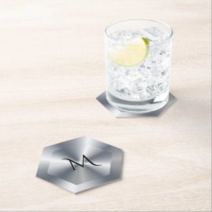 Metallic silver texture personalized monogram paper coaster