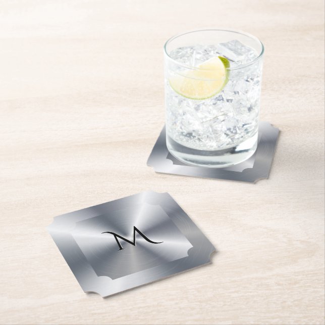 Metallic silver texture personalized monogram paper coaster (Insitu)