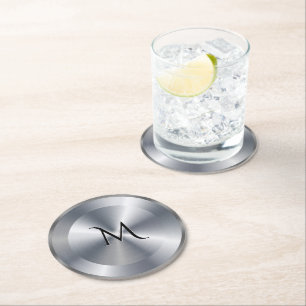 Metallic silver texture personalized monogram round paper coaster