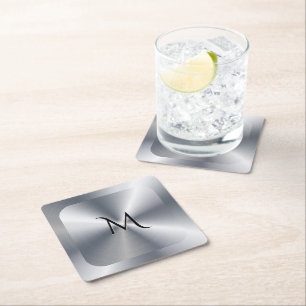 Metallic silver texture personalized monogram square paper coaster