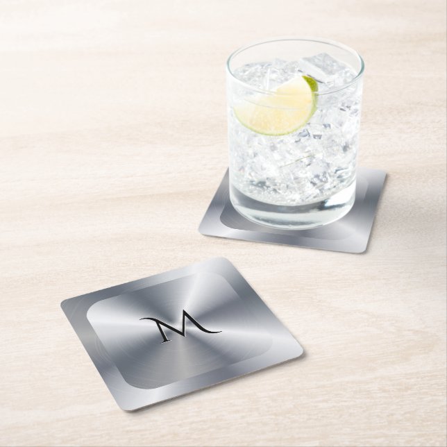 Metallic silver texture personalized monogram square paper coaster (Insitu)